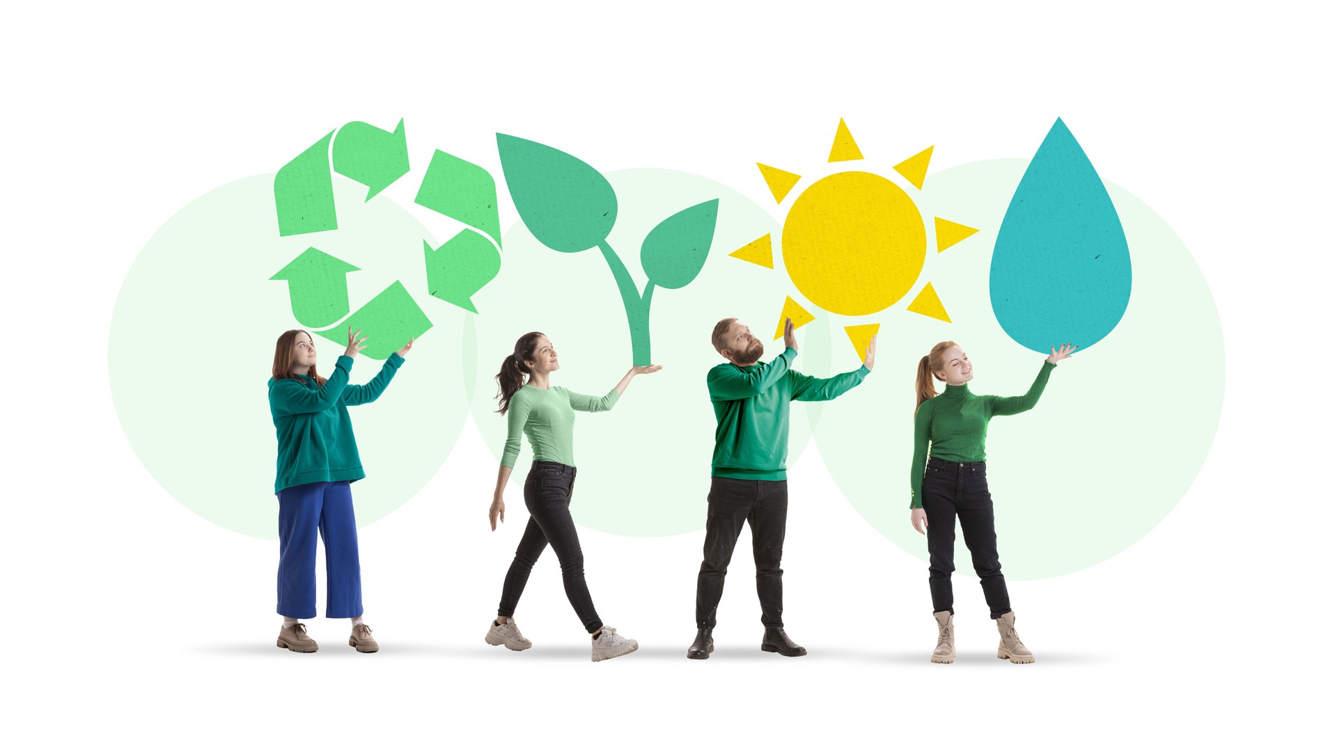 People holding symbols of renewable energy and nature, recycling, water, sun, and plants. Conceptual art collage.